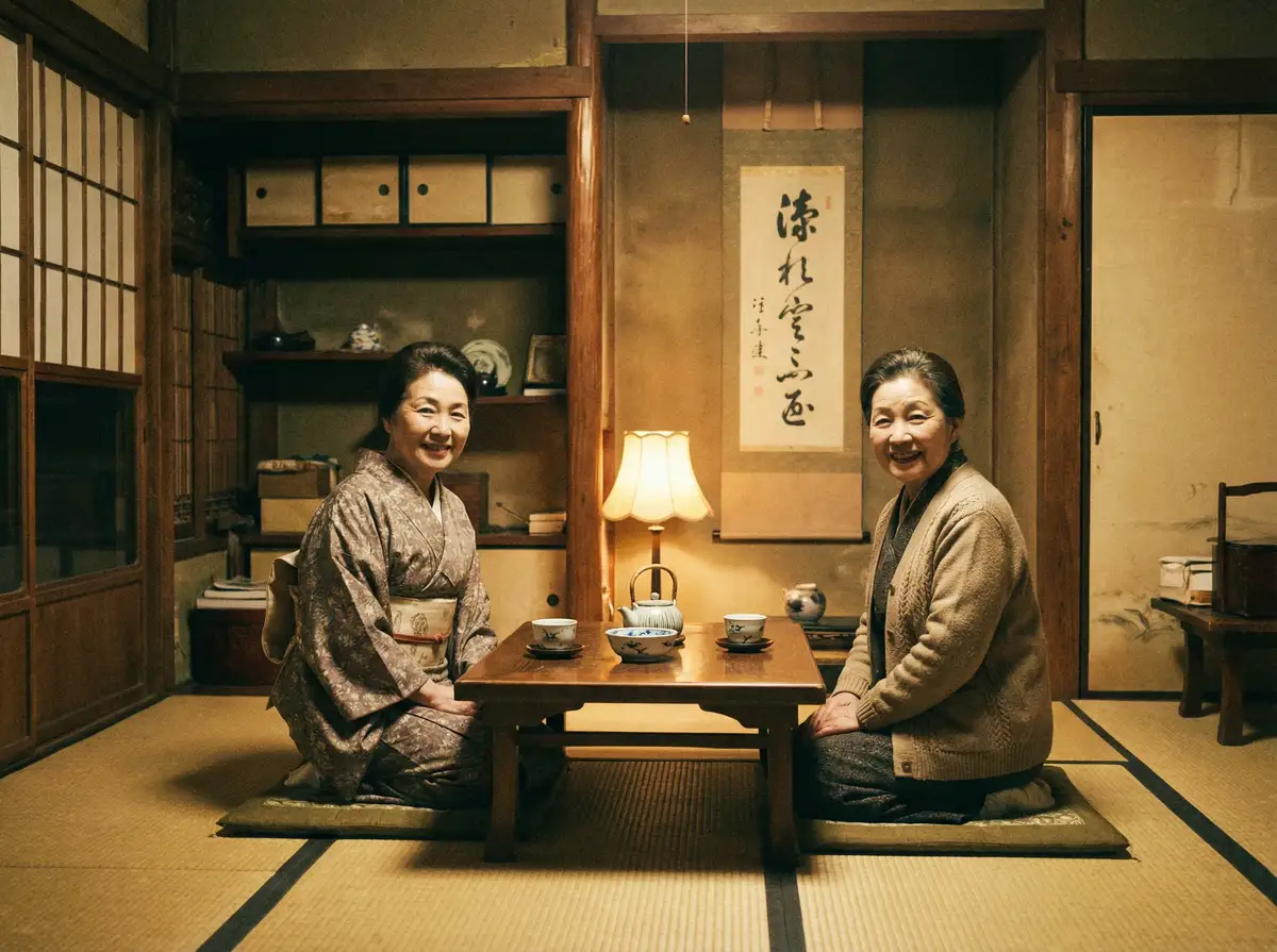 两位优雅的 免费毛a 在日式茶室中品茶交谈